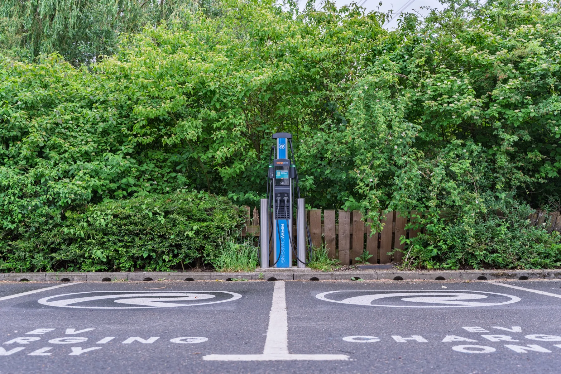 RAW Charging chargepoint between two EV bays at Hickory's