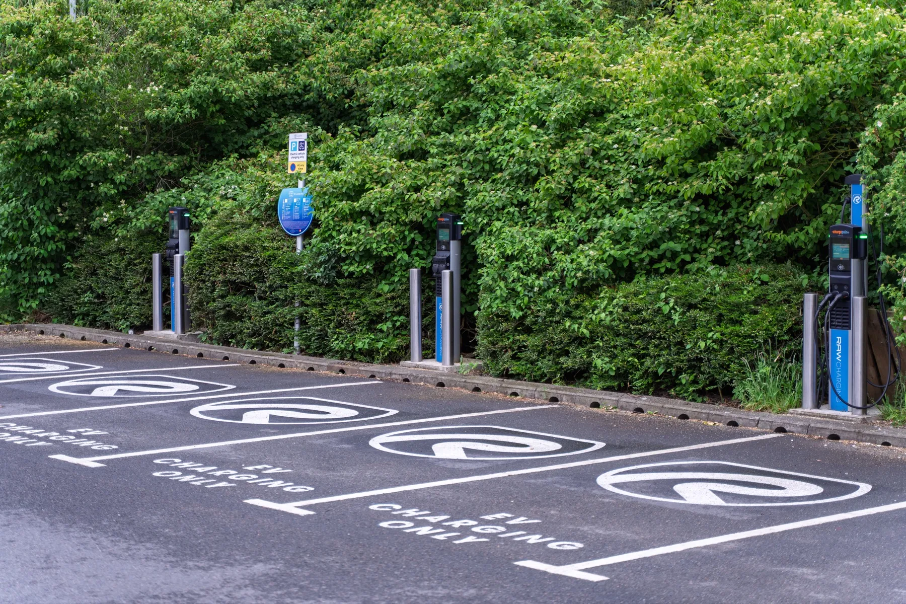 EV-charging-only bays in the Hickory's Smokehouse car park