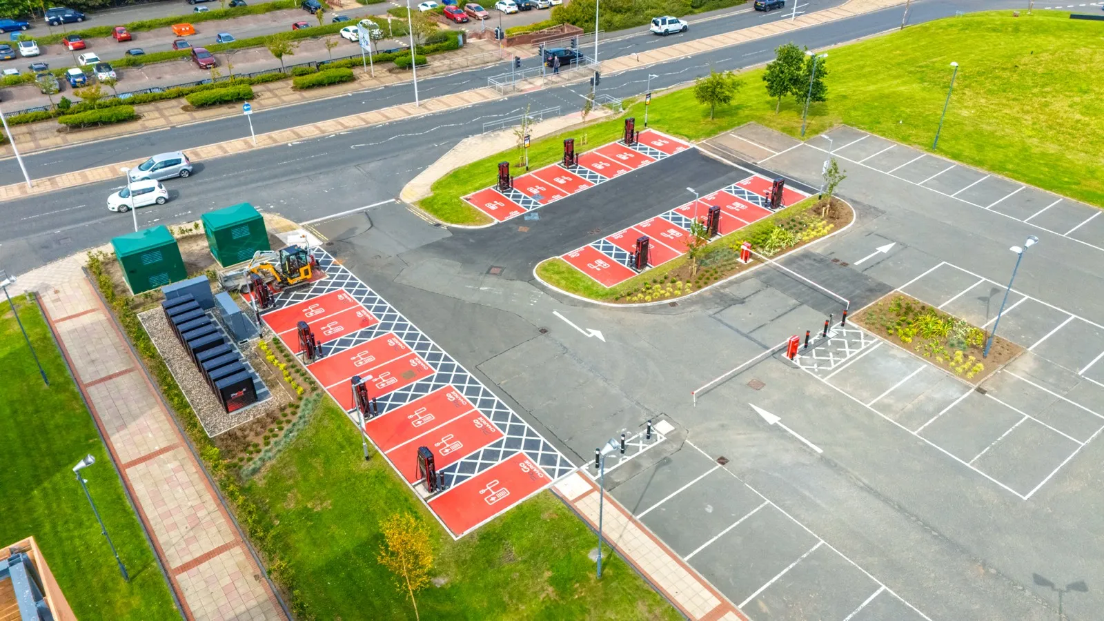 Aerial view of a completed EV charging site