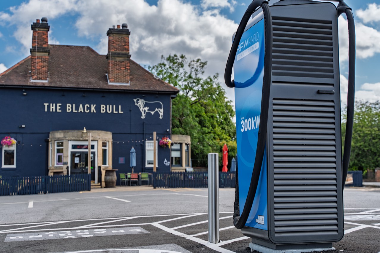 The Black Bull pub frontage with a 300kW ultra-rapid charger