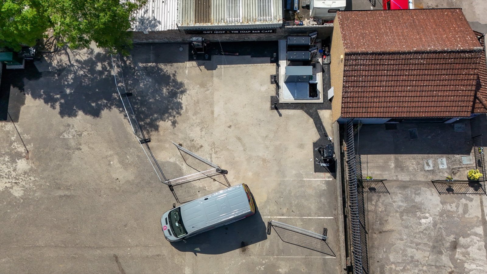 Top-down aerial of the Somerset Toiletries car park