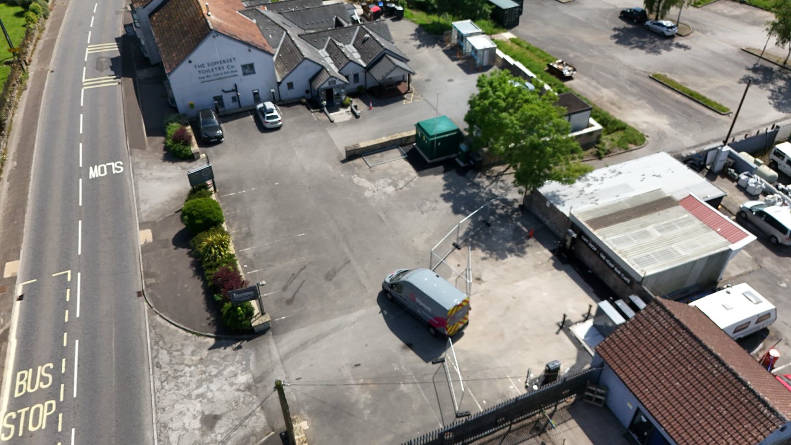 Wide aerial of The Somerset Toiletry Co and the main road