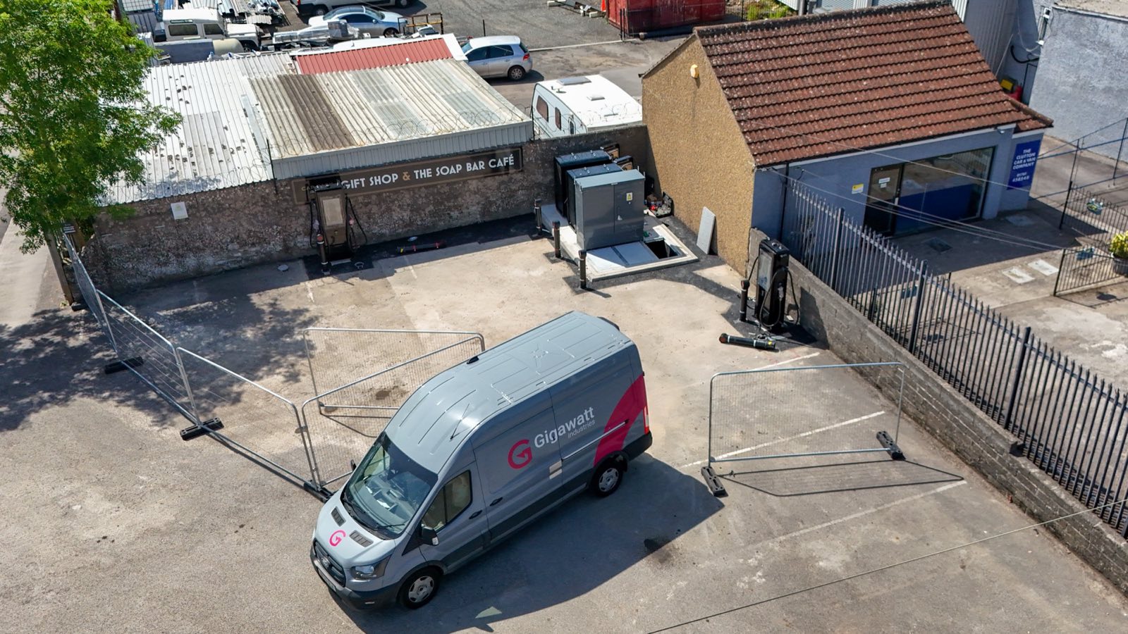 Somerset Toiletries charging hub, aerial with both 200kW chargers and the feeder pillar
