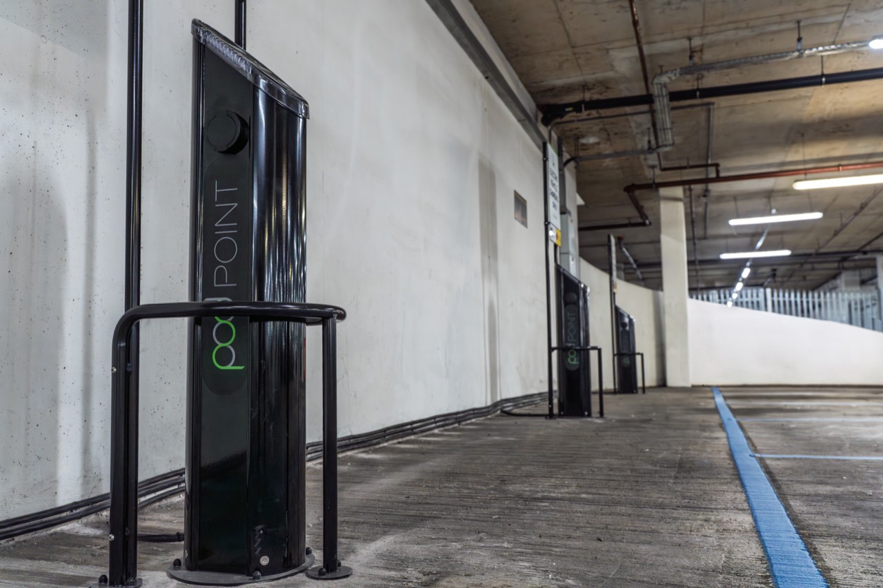 Pod Point chargers in the multi-storey car park at a Tesco store